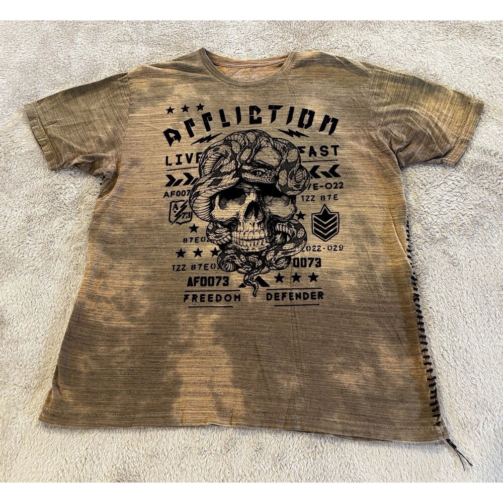 AFFLICTION T-Shirt Military Army Green Flocked SKULL USA 3XL Cyber Y2K Vintage